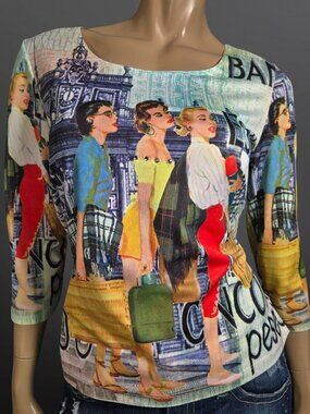 Y2K Retro Ladies Top ASO Get A Clue Lexy Gold Size L Rhinestone Studded Vintage